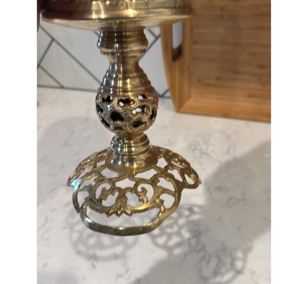 Reticulated Brass Pedestal Candle Holder Vintage Mid-Century Gothic Brass Decor - Picture 5 of 12